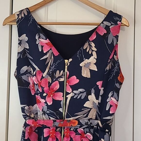 Eliza J Fit & Flare Floral Belted Dress Blue Pink Side Pockets Size 14 - Picture 11 of 16
